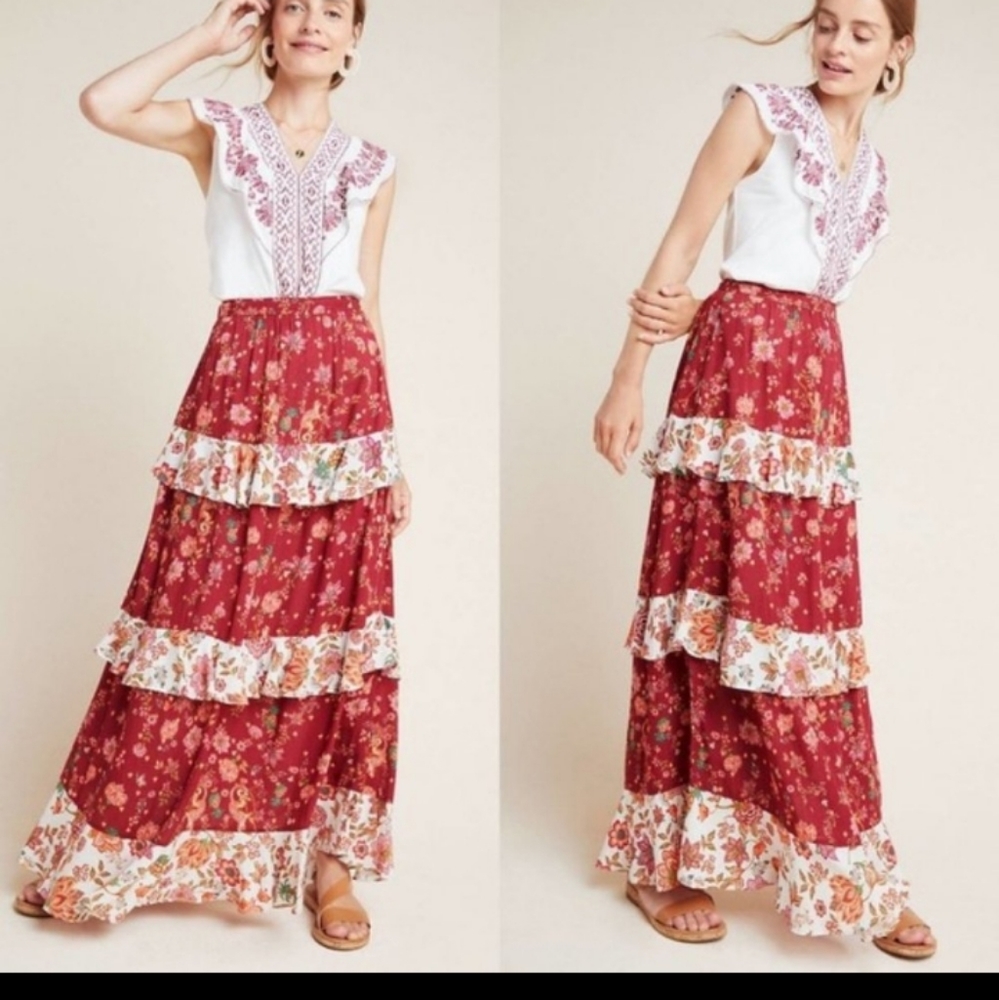 Farm Rio Anthro Portia Red, White, Tiered Floral Cottage Western Maxi Skirt